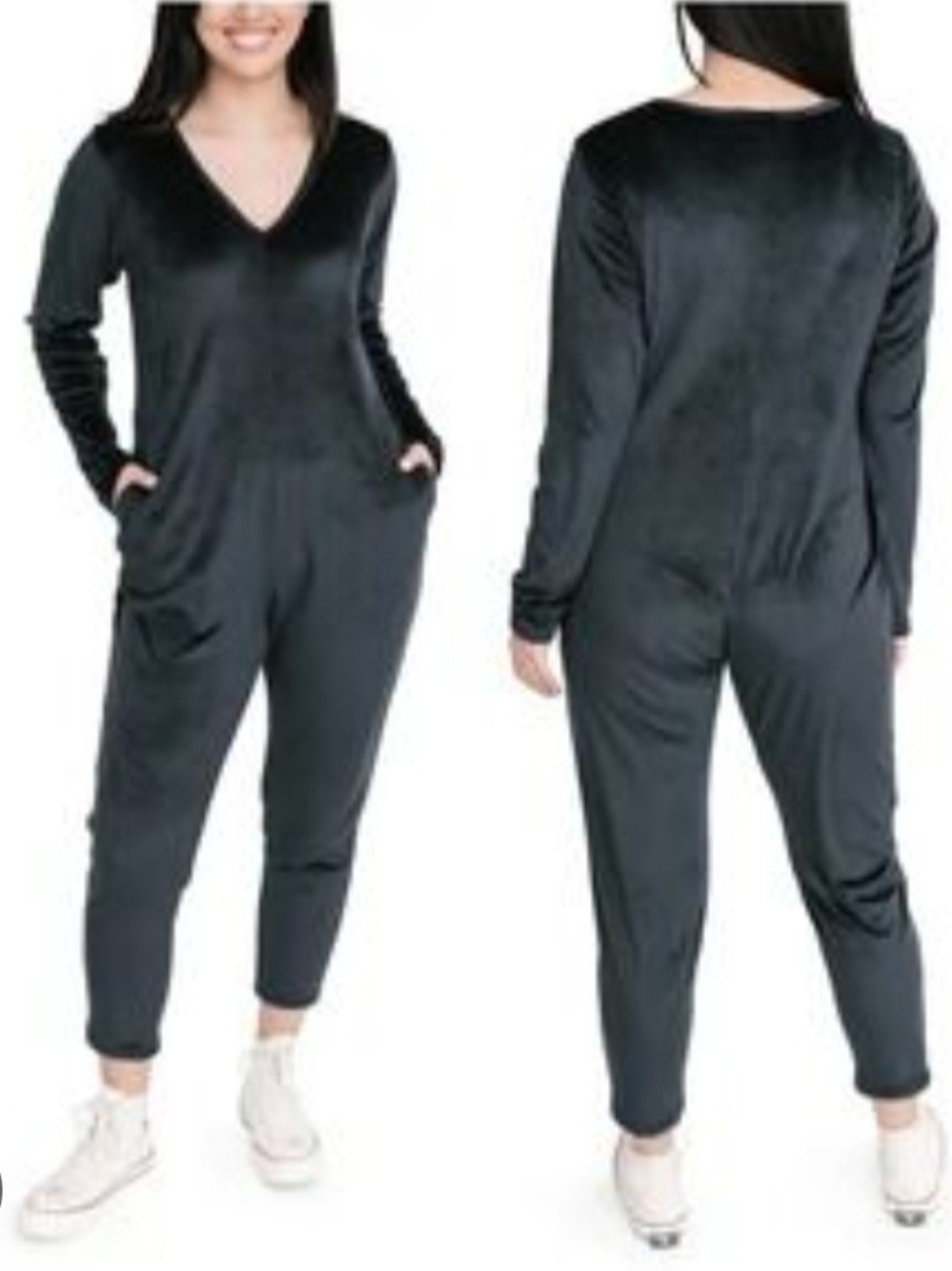 Smash + Tess Black Velvet V-Neck Jumpsuit With Pockets